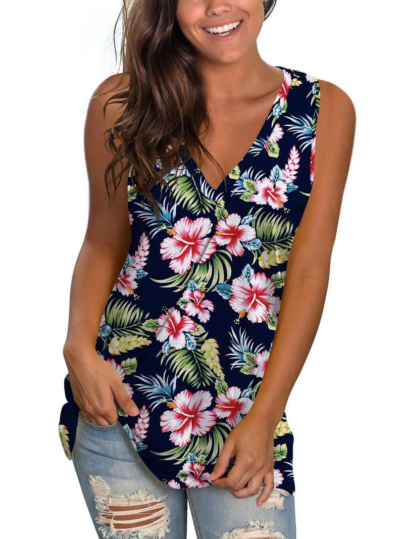 SAMPEEL Sexy V Neck Loose Tank Tops Summer Sleeveless Tropical Shirt for Women Side Split XL - Image 1